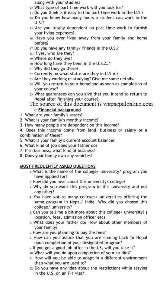 usa visa interview sample questions