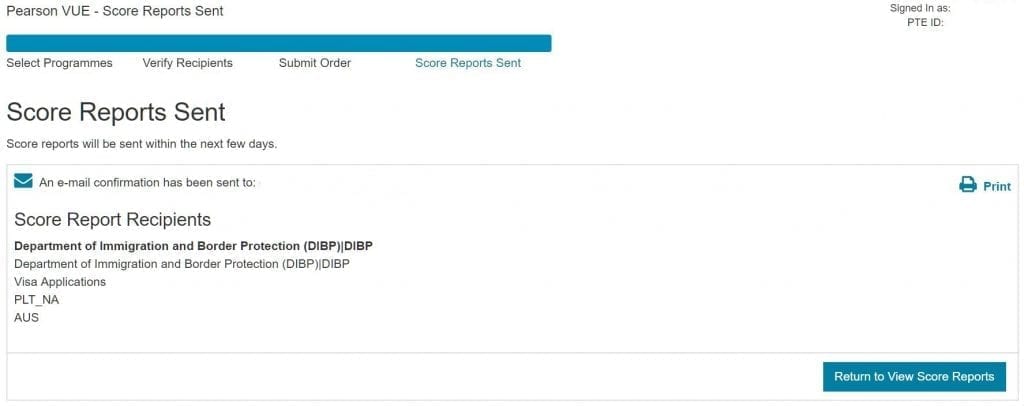 pte score report sent to dibp