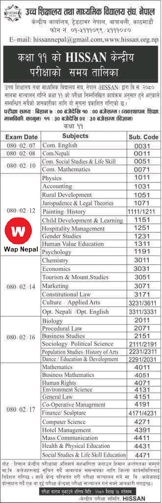 NEB Class 11 exam routine 2080