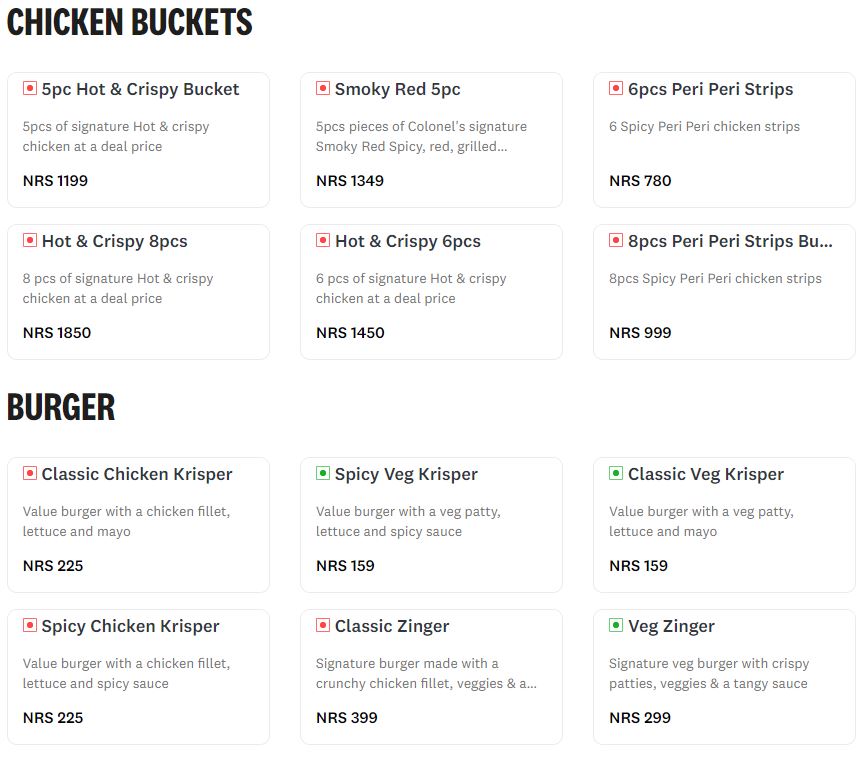 kfc chicken buckets and burger price