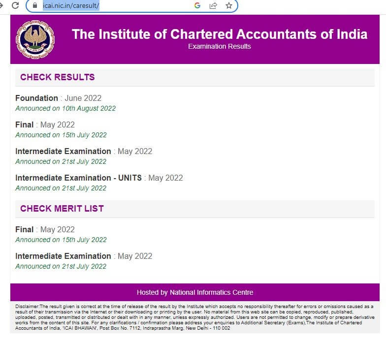 icai nic in result of CA india board