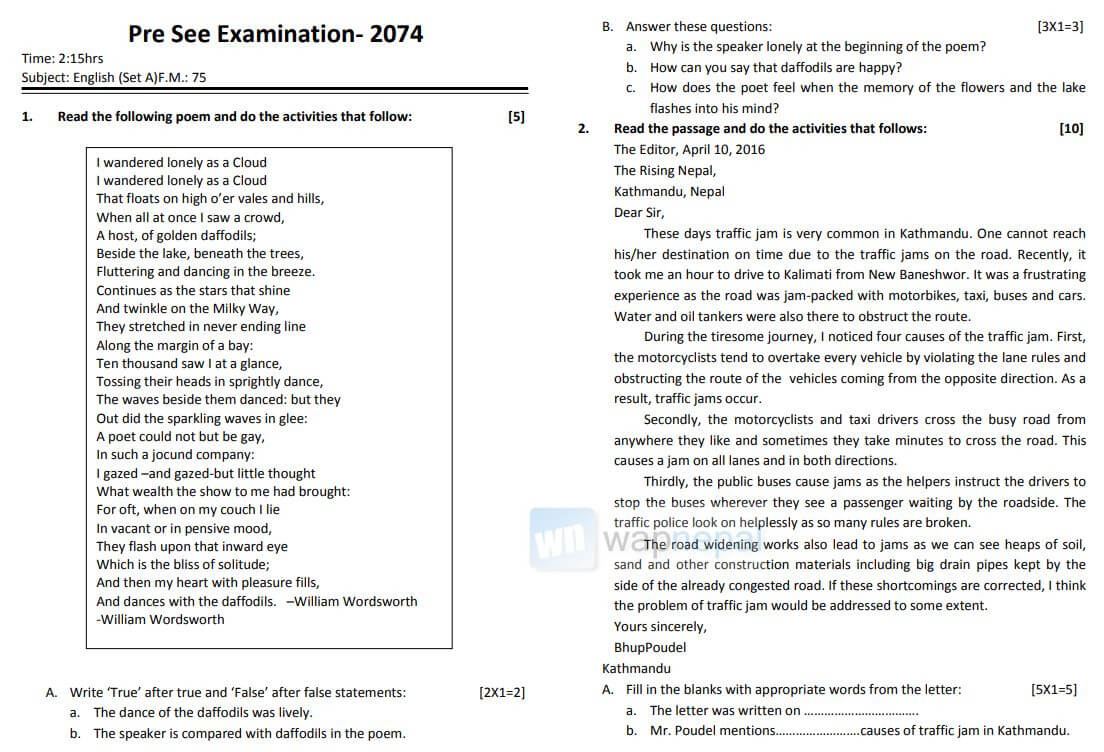 English Practice Questions for SEE