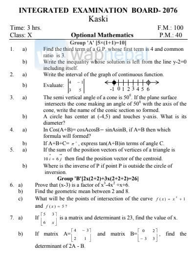 Optional mathematics SEE practice Questions