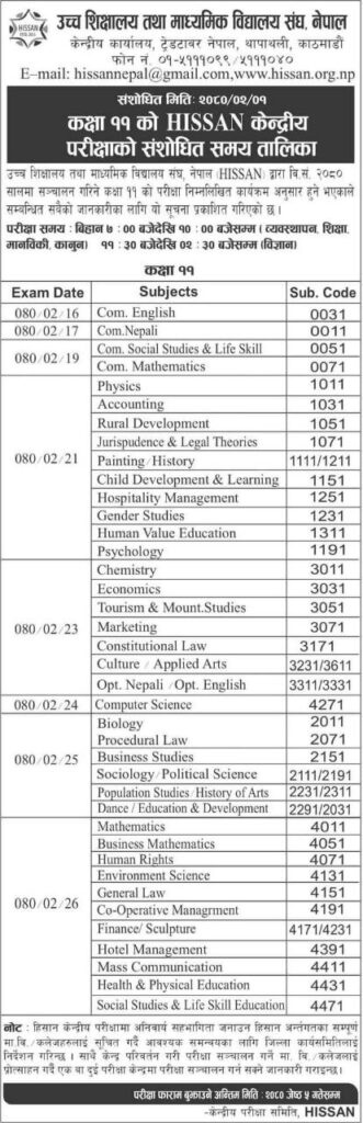 HISSAN NEB Class 11 exam routine 2080