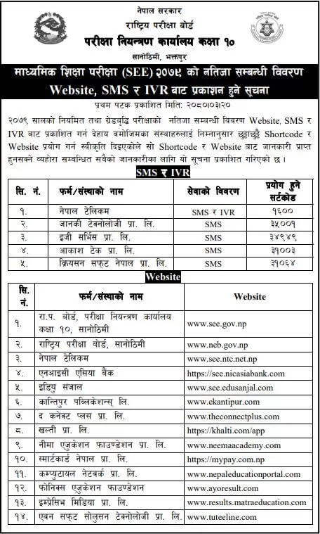 SEE Result official websites and SMS providers