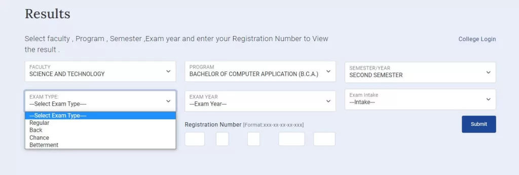 select exam type regular or back paper