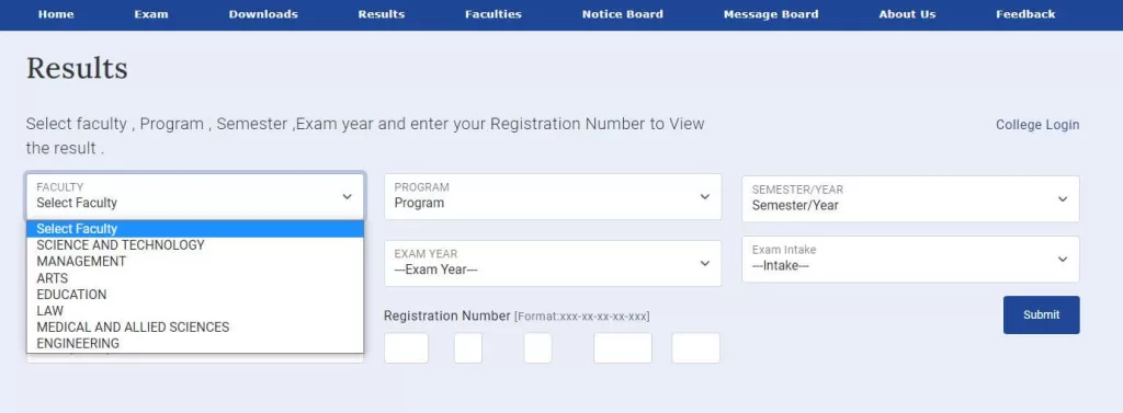 Select Faculty to check result