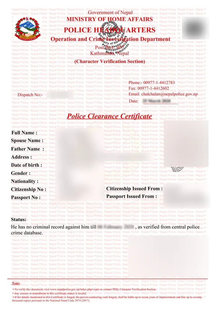 Sample of Police Clearance Certificate Police Report of Nepal