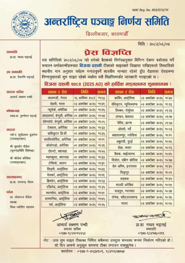 Dashain Tika Time 2025 Worldwide