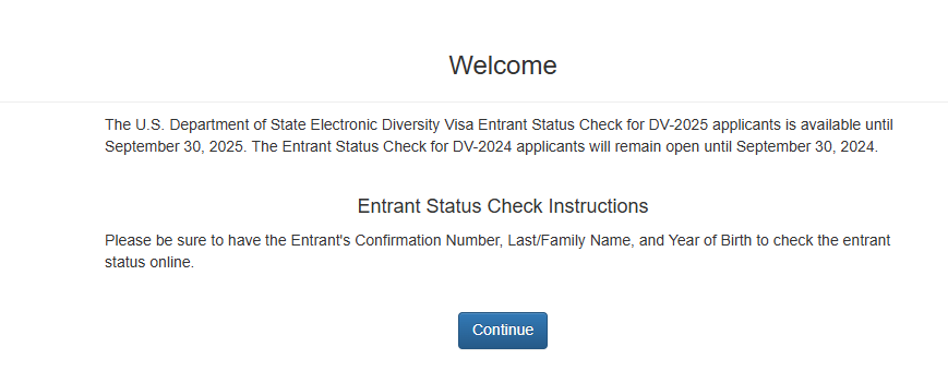 Screenshot of the DV Lottery Entrant Status Check form on dvprogram.state.gov